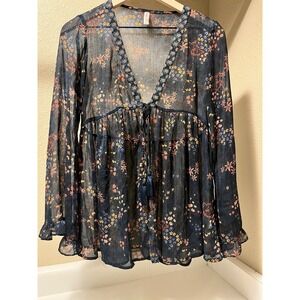 Boho Babydoll Sheer Floral Tunic Front Tie Bell Sleeve Women S Fairy Peasant Y2K